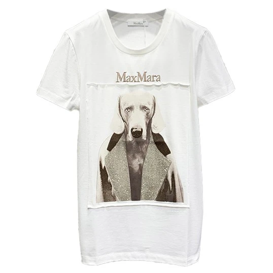 未使用 MaxMara Mmdog系列logo图案印花圆领T恤 女款白色个性时尚