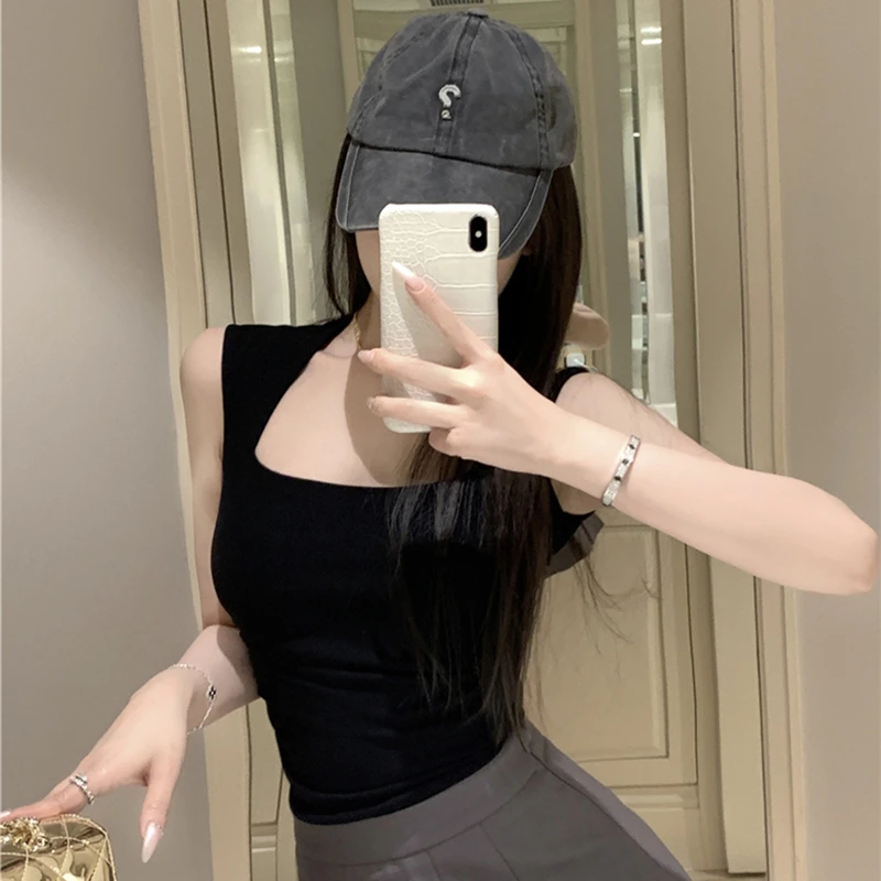 独特别致方领T恤锁骨修身削肩不规则短款上衣设计感甜辣妹背心女