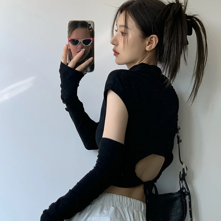 露脐短款甜辣妹上衣半高领打底衫女纯欲设计感镂空t恤配套袖