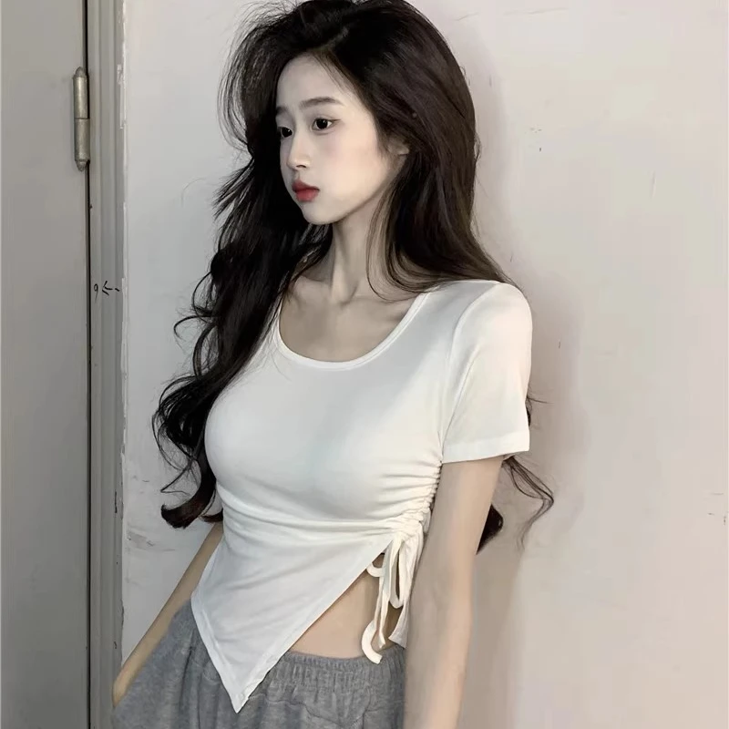 不规则正肩修身短袖t恤女夏气质设计感小众辣妹圆领短款上衣别致