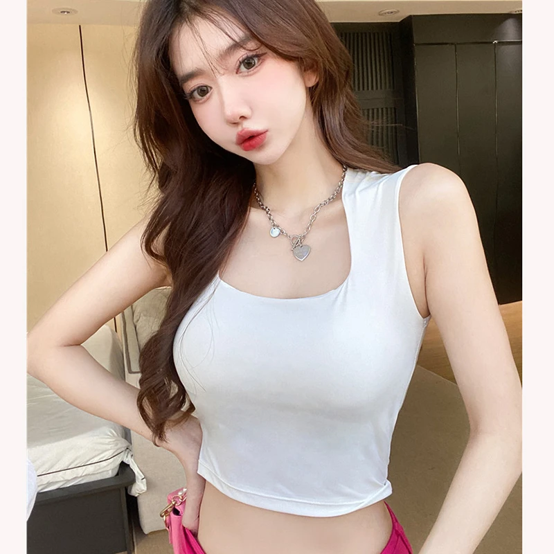 气质方领小背心修身显瘦可甜美背网红爆款无袖外穿带胸垫短款T恤