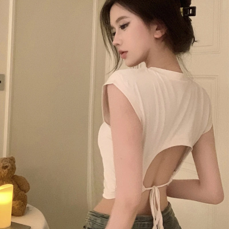 纯欲风修身短款圆领露背短袖T恤女绑带辣妹小心机性感上衣女修身