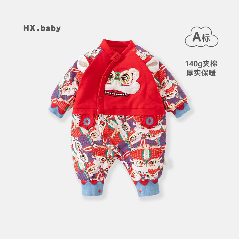 新生婴儿冬季新款红色喜庆连体衣秋冬保暖新年衣服宝宝拜年衣服