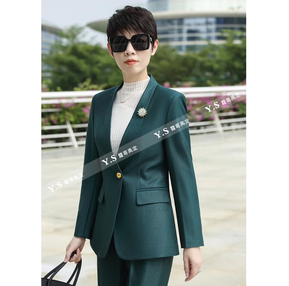 2025秋冬新款西装套装长袖气质时尚修身女神范绿色职业西服KY2531