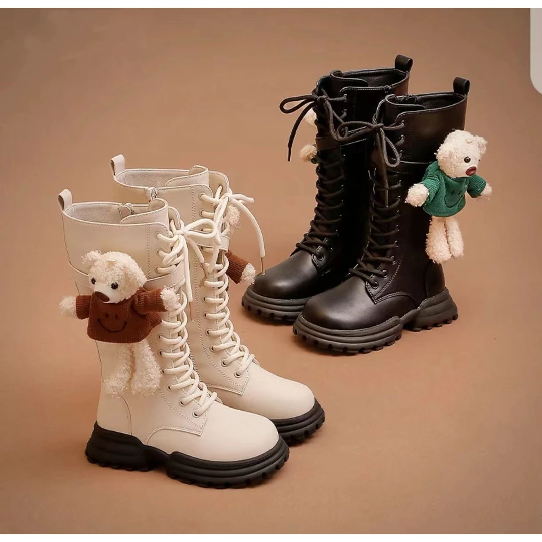 高筒 法兰绒 儿童 时尚 百搭 加绒  可爱熊女童 厚底 长筒靴23135