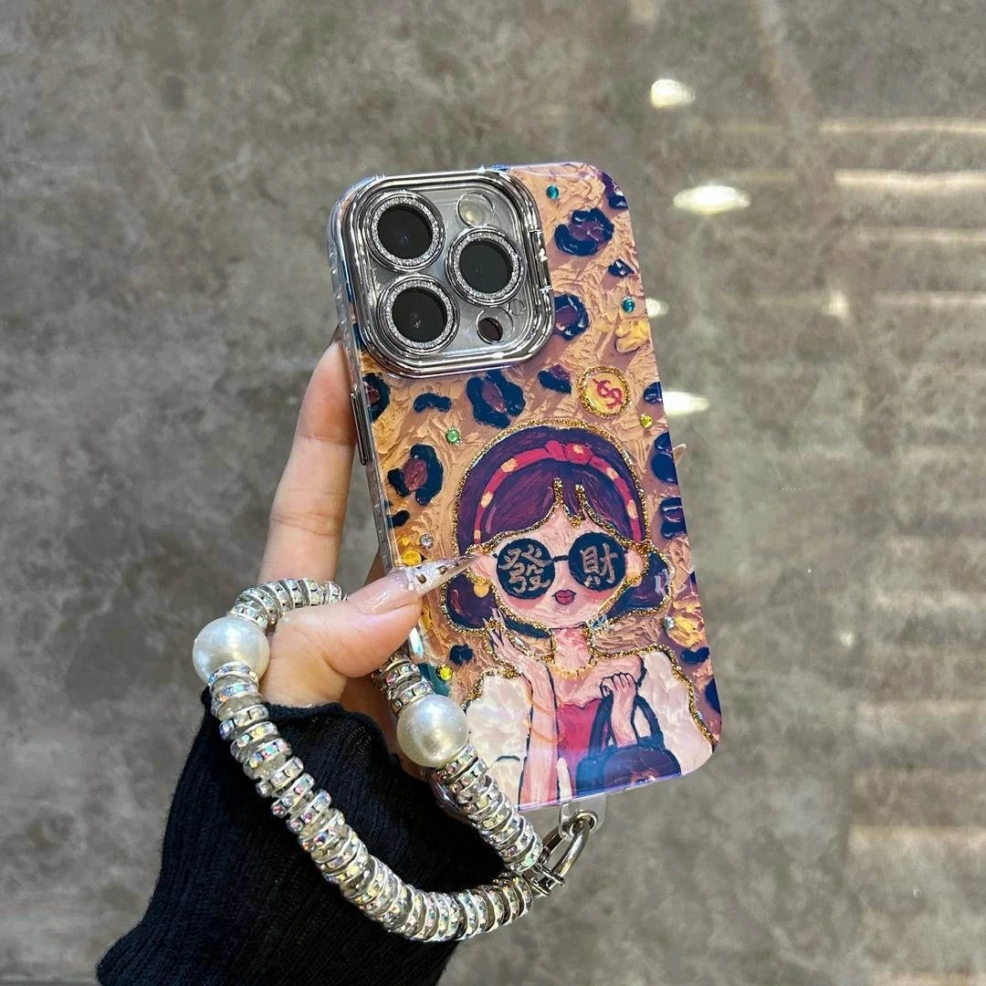 辣妹风发财女孩适用苹果16promax15手机壳iPhone14/13镜头膜支架