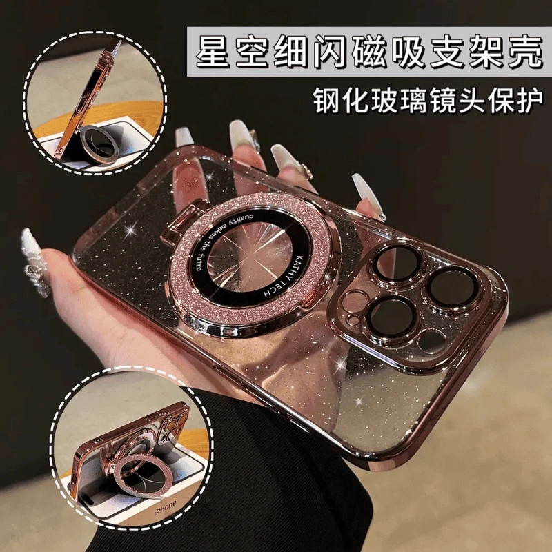 适用苹果15Promax手机壳镜头膜iPhone14闪粉磁吸支架13超薄12硬壳