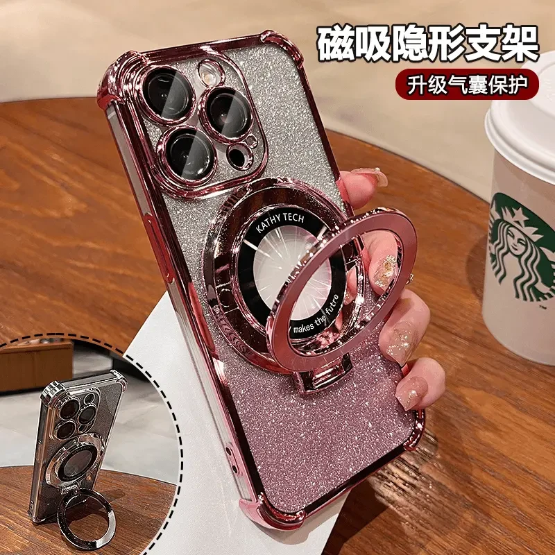 适用苹果15promax手机壳iPhone14闪粉磁吸支架13气囊防摔12镜头膜