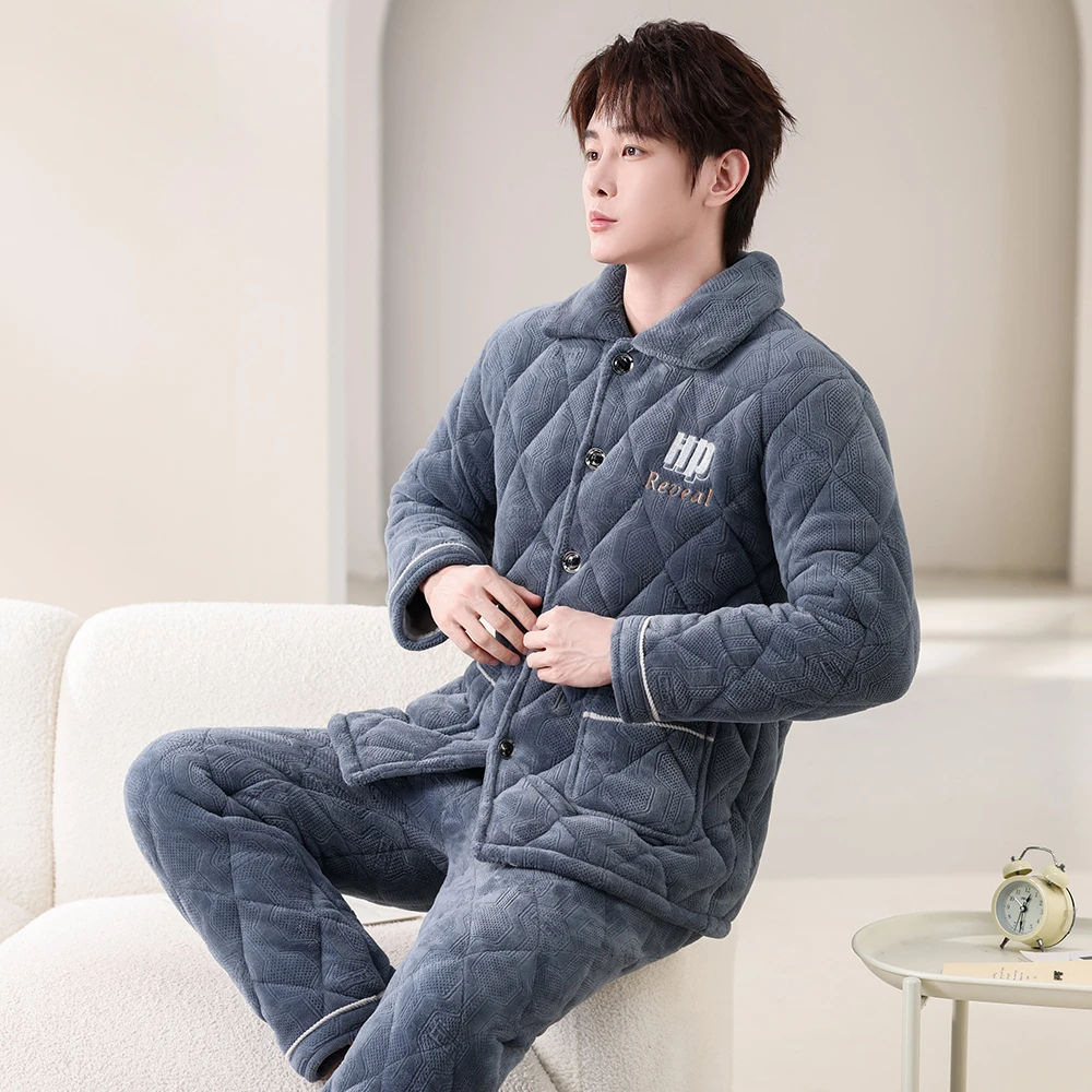 男士冬季睡衣加厚贝贝绒三层绒夹棉保暖大码套装冬天可外穿家居服