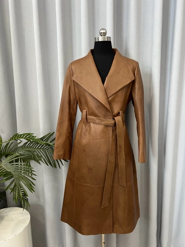 时尚气质显瘦长款皮衣外套女神范修身过膝风衣