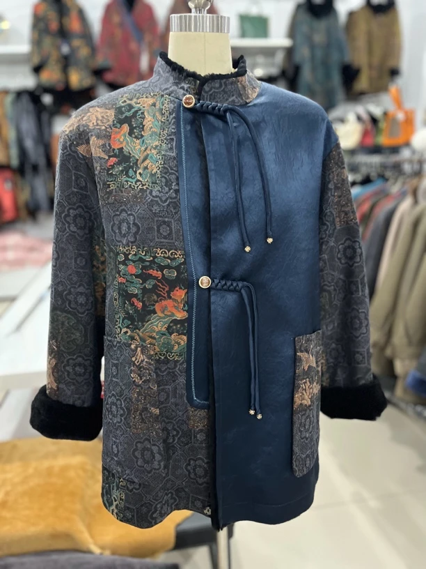 中老年冬装女高端生态绒短款皮毛一体太太唐装外套