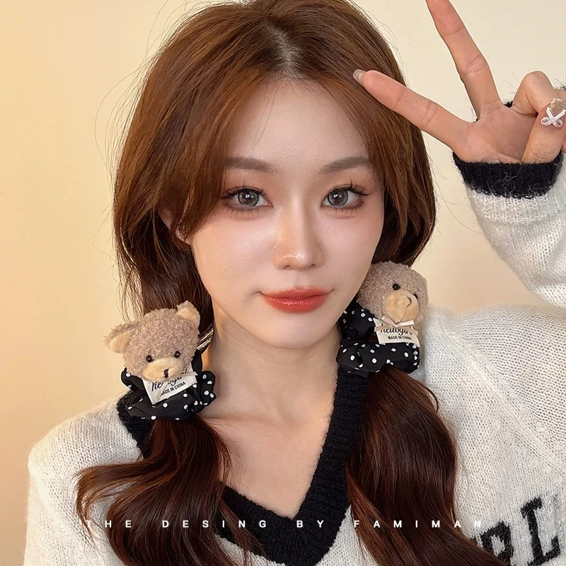 波点小熊发圈~梦中情圈可爱熊熊波点大肠发圈少女心毛绒马尾发饰