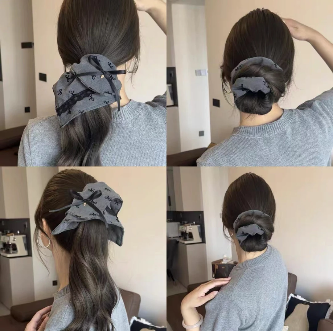 格雷系灰色~蝴蝶结方巾大肠发圈女高级感大号丸子头方形头绳发饰