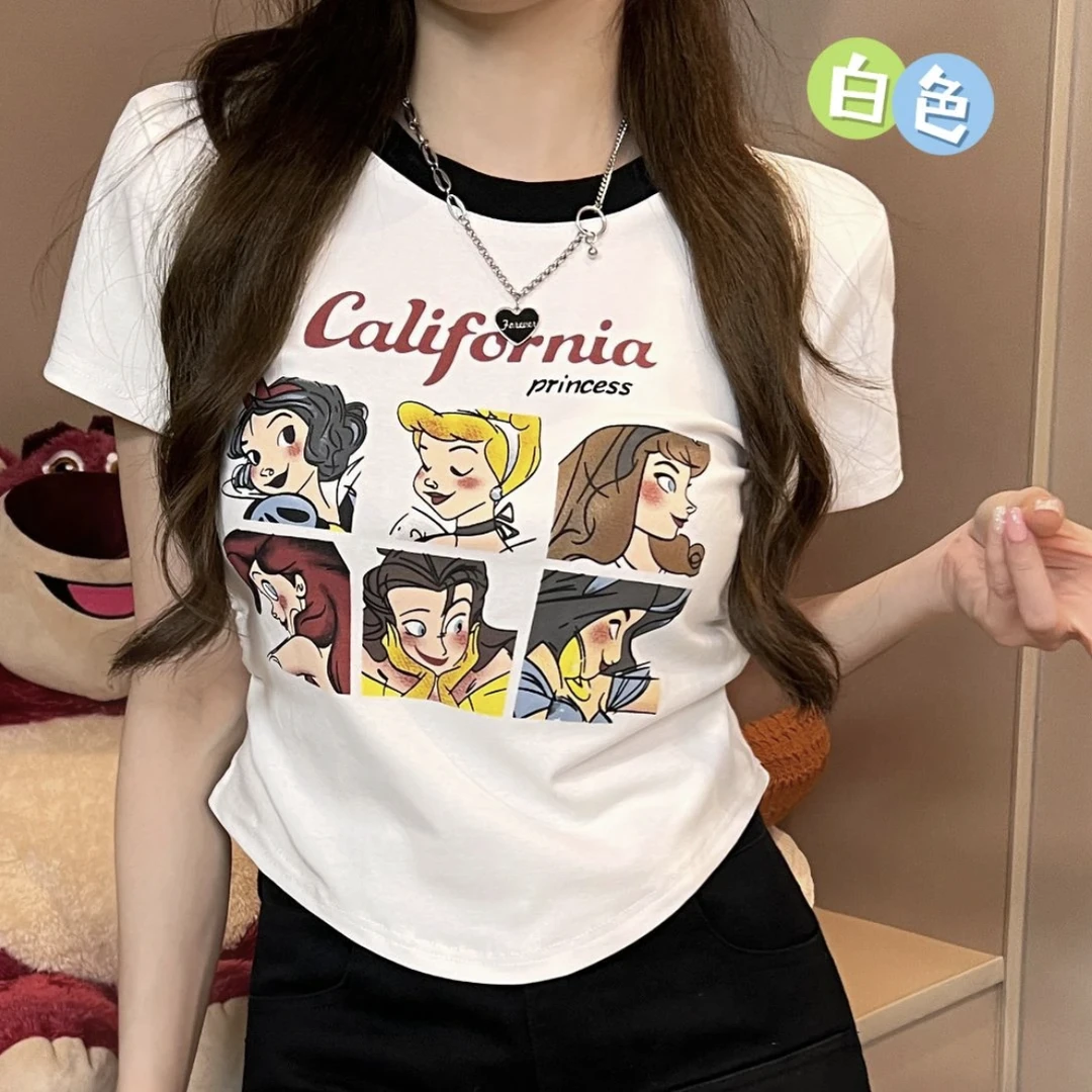 夏季棉修身正肩T恤女复古美式撞色卡通短款印花显瘦短袖上衣潮