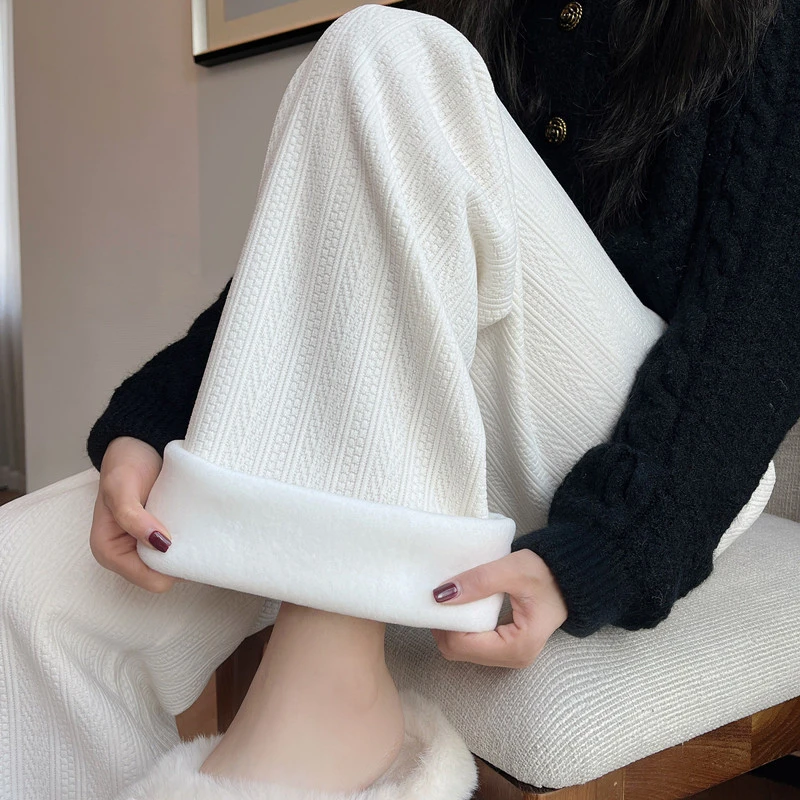 麦穗纹雪尼尔阔腿裤女秋冬高腰垂感白色直筒休闲裤子