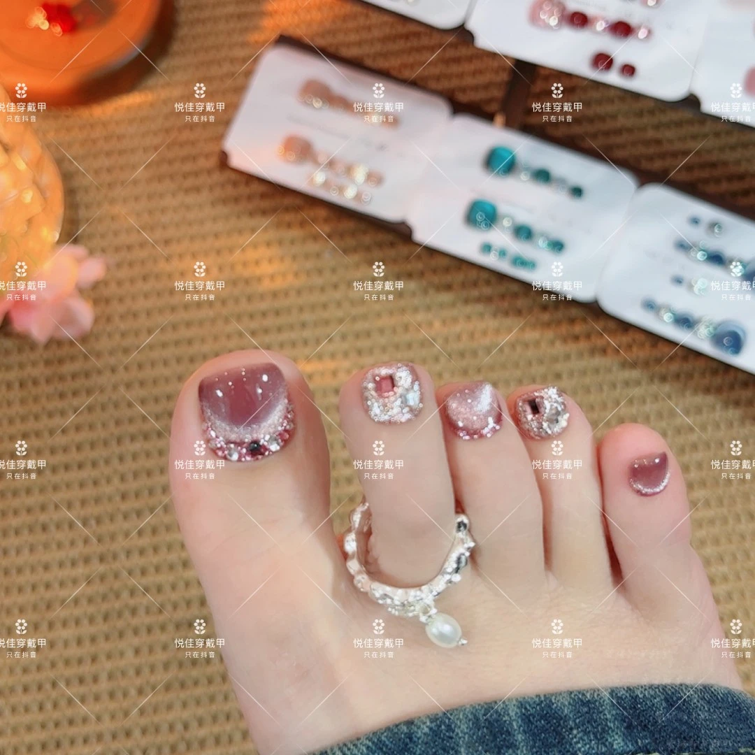 【星辰】纯手工脚甲紫粉色猫眼显白气质脚甲14片