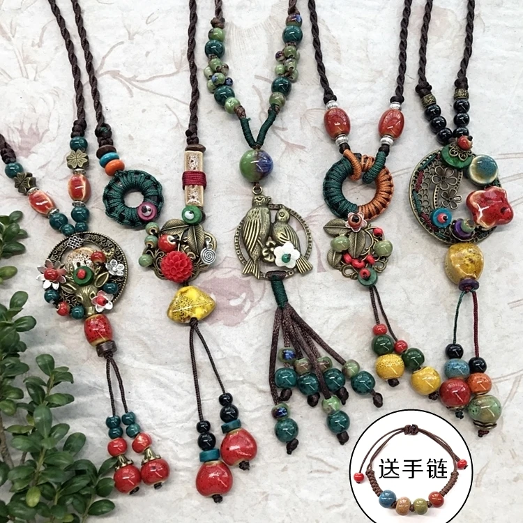 新森林系手工陶瓷项链女复古百搭毛衣链简约长款民族风配饰挂件