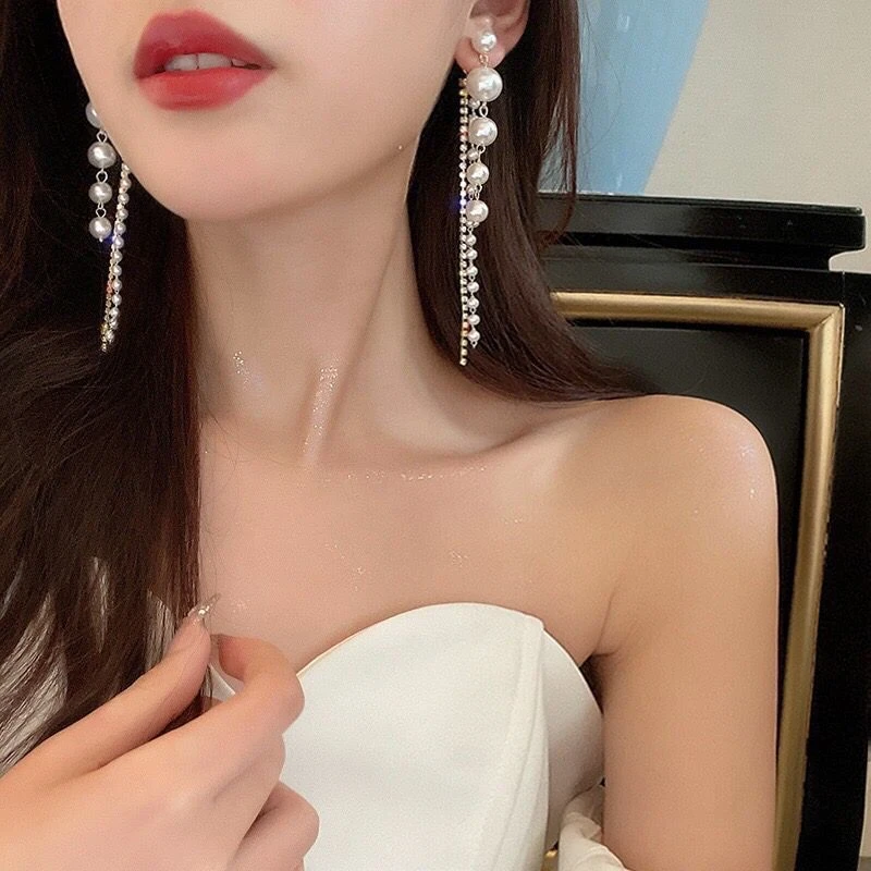 925银针耳环轻奢气质流苏贝珠耳饰女长款一款两戴后挂式显脸瘦耳