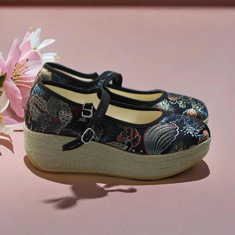 云南手工布鞋一字扣厚底松糕底旗袍鞋平底素淡雅汉服绣花鞋民族风