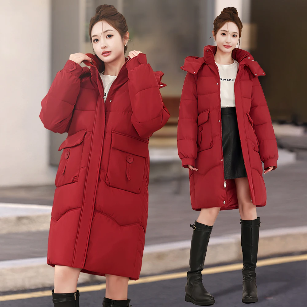 冬季时尚休闲棉服女2024新款连帽保暖加厚中长款宽松棉衣过膝棉袄