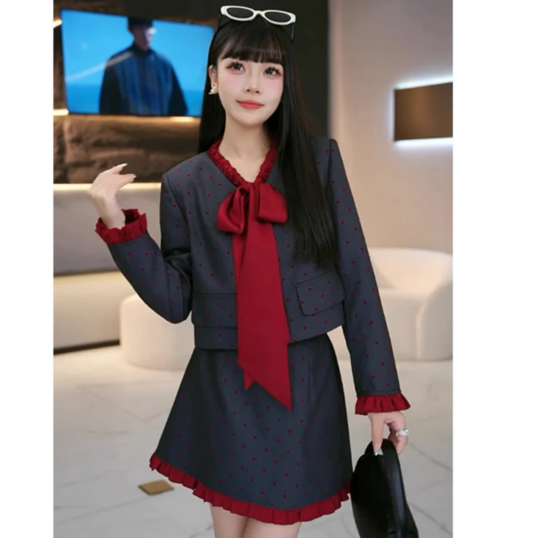 轻奢法式小香风套装女波点撞色系带上衣半身裙两件套秋季新款套装