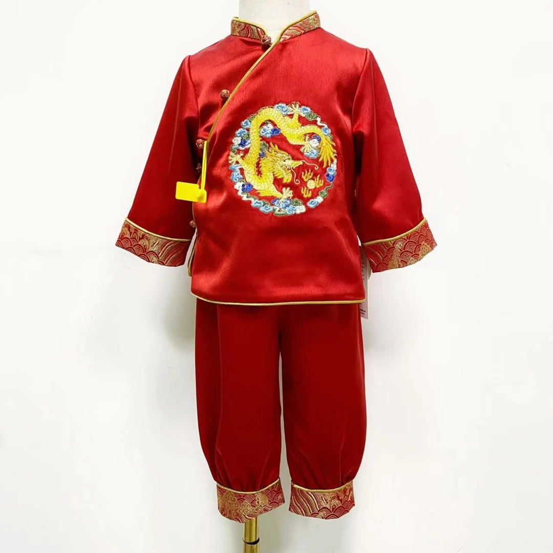 周岁宝宝龙纹中式长袖周岁儿童中国风喜庆生日抓周分体套装春秋款