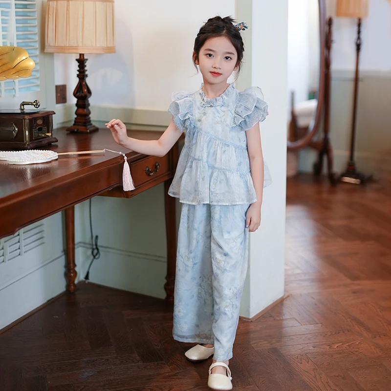 53515女童汉服套装2025夏新款国风洋气儿童短袖上衣阔腿裤两件套