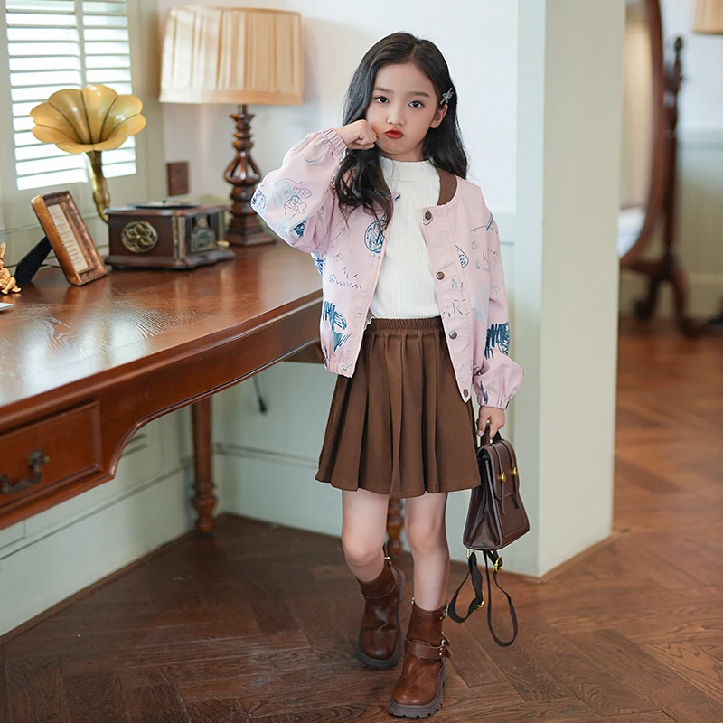 女童秋装套装2024新品小女孩粉色美式涂鸦高街百搭外套裙子两件套