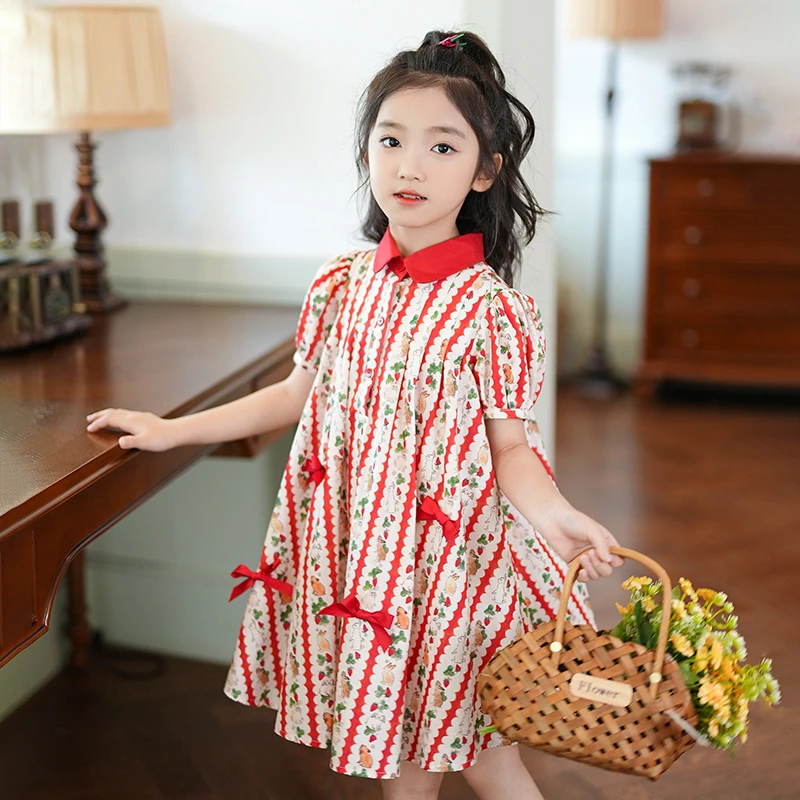 53447大童女装小女孩洋气公主裙新款印花泡泡袖甜美女童连衣裙