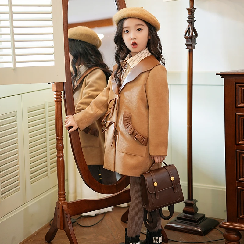 女童毛呢外套中长款娃娃领童装衣服秋冬装复古时尚高级感儿童上衣