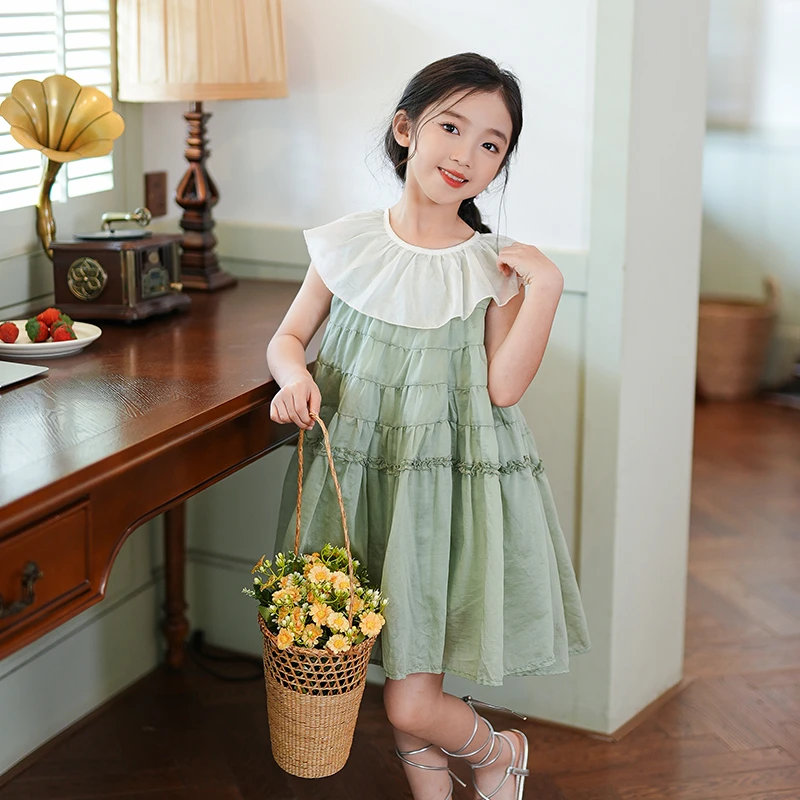 夏季女童连衣裙2024新款洋气甜美公主儿童蓬蓬裙百褶翻领背心裙子
