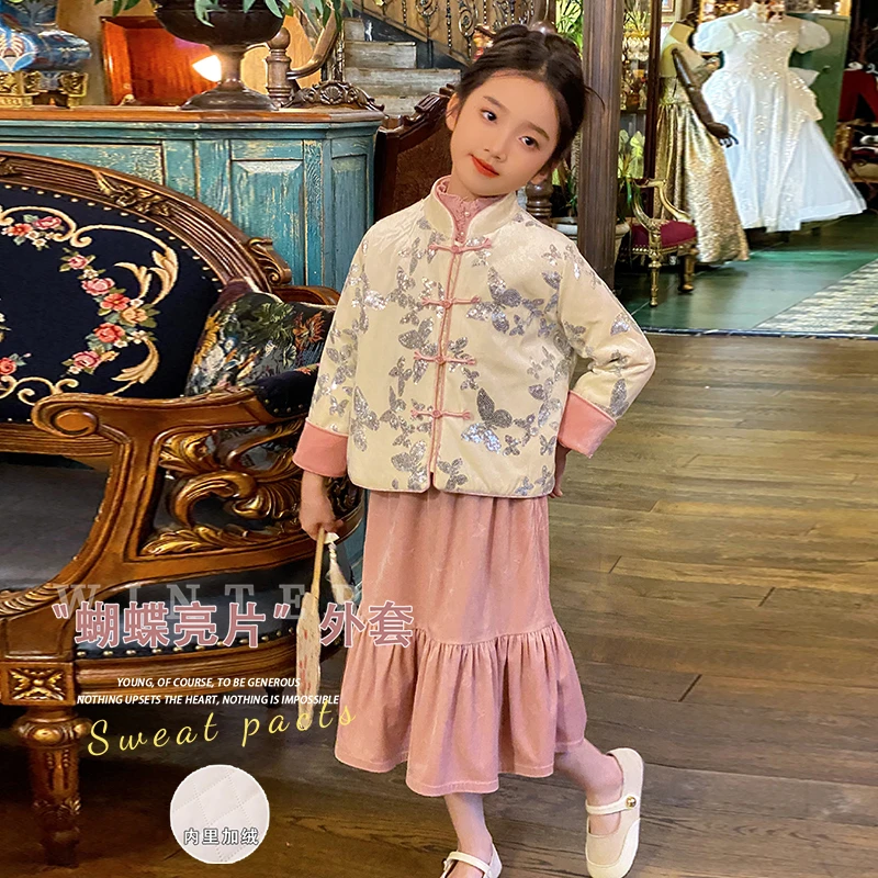 0769356女童新中式国风棉服外套秋季童装丝绒保暖棉服儿童拜年服