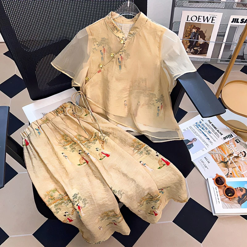 223007【梦回大唐】女童套装夏季高级感中式汉服裤子印花两件套