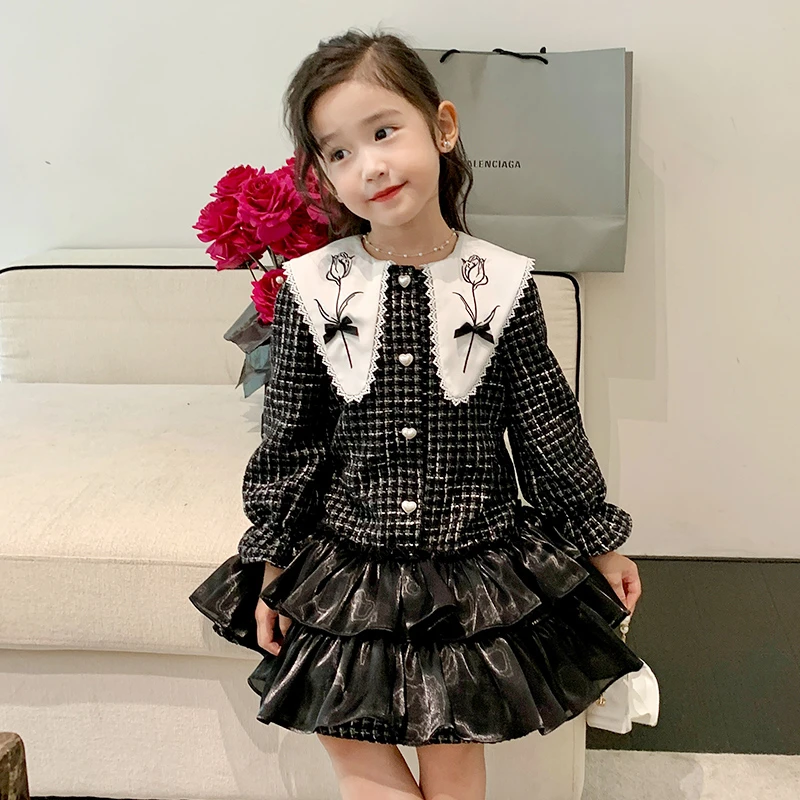 2025春季新款时髦洋气女童小香风裙子拼接连衣裙大翻领甜美气质裙