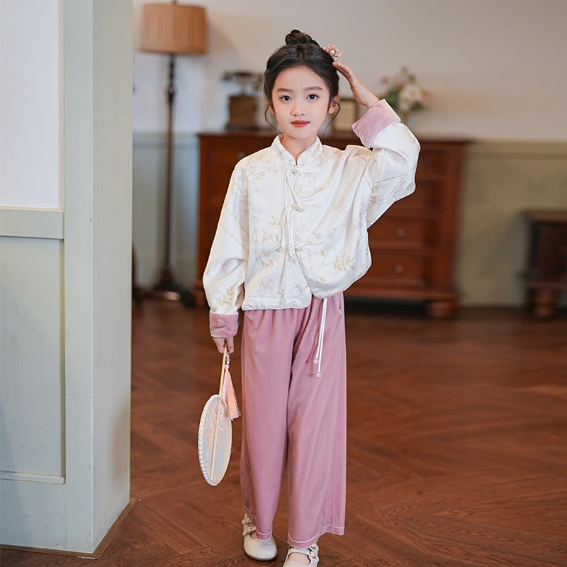 女童国风汉服套装2025春秋新款古风新中式旗袍上衣粉色卫裤两件套