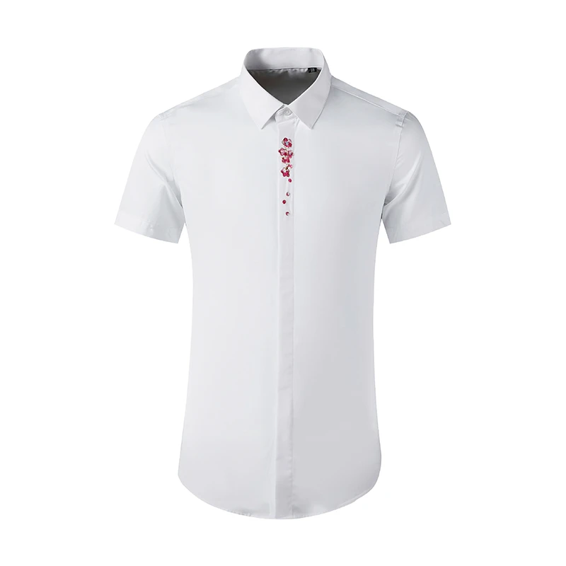 男士高端衬衫短袖梅花刺绣上档次白色衬衣夏季单穿休闲高档伴郎服