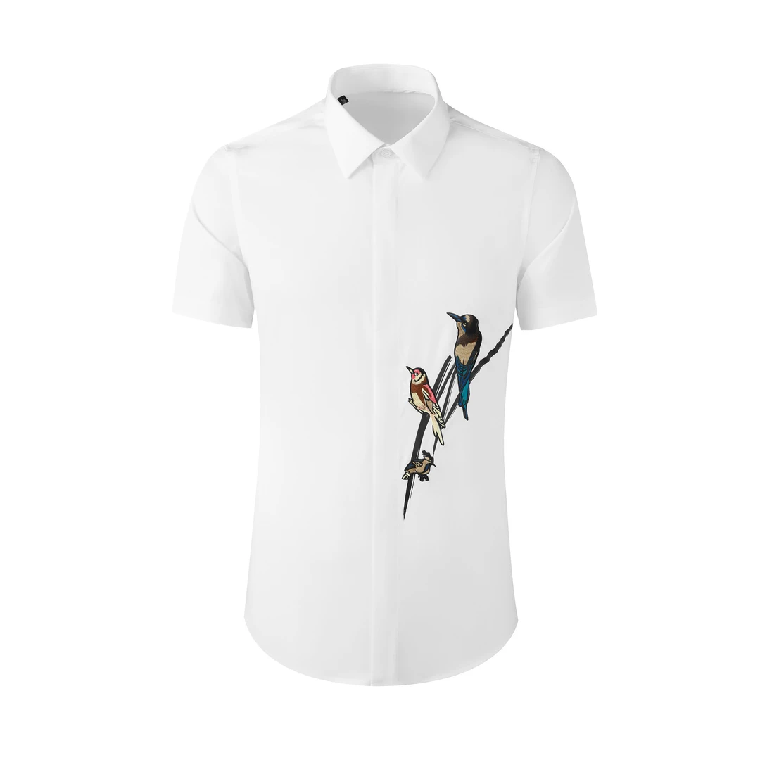 高质量男士衬衫短袖免烫抗皱休闲衬衣高端上档次刺绣休闲白色衫衣