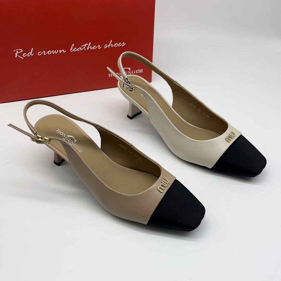 红冠女鞋夏季新款细跟包头凉鞋方头拼接小香风36300