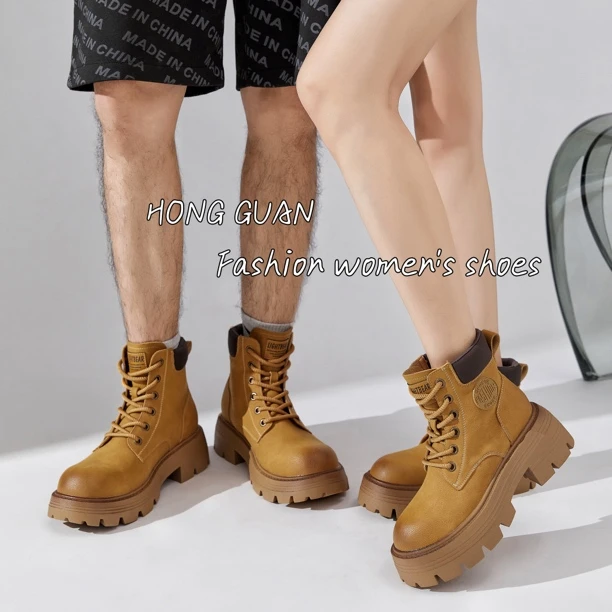 情侣款35-45码| 红冠发泡底女款中帮厚底大黄靴真皮短靴8318百搭