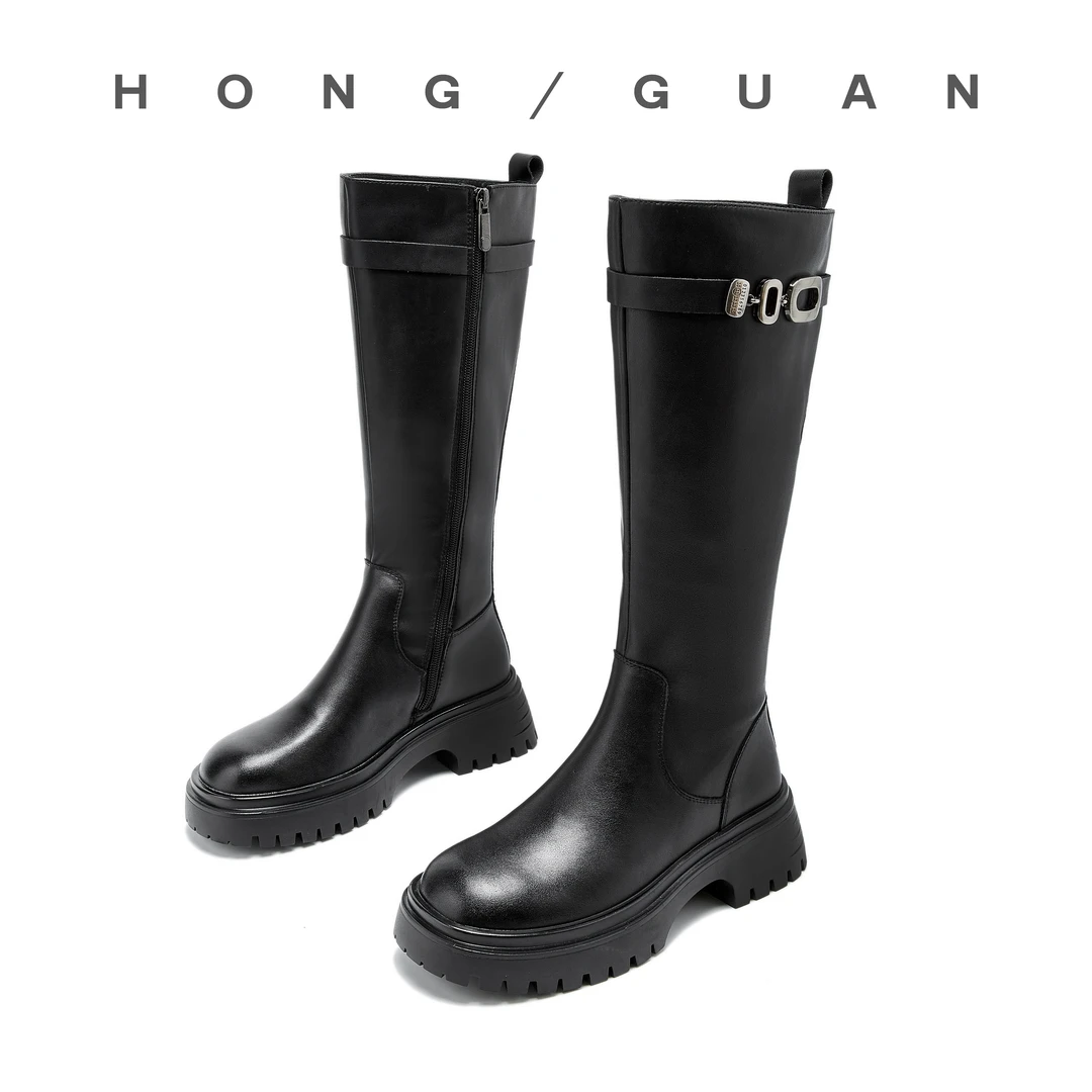 红冠粗跟厚底长靴女侧拉链金属扣长筒显瘦骑士靴2361-8