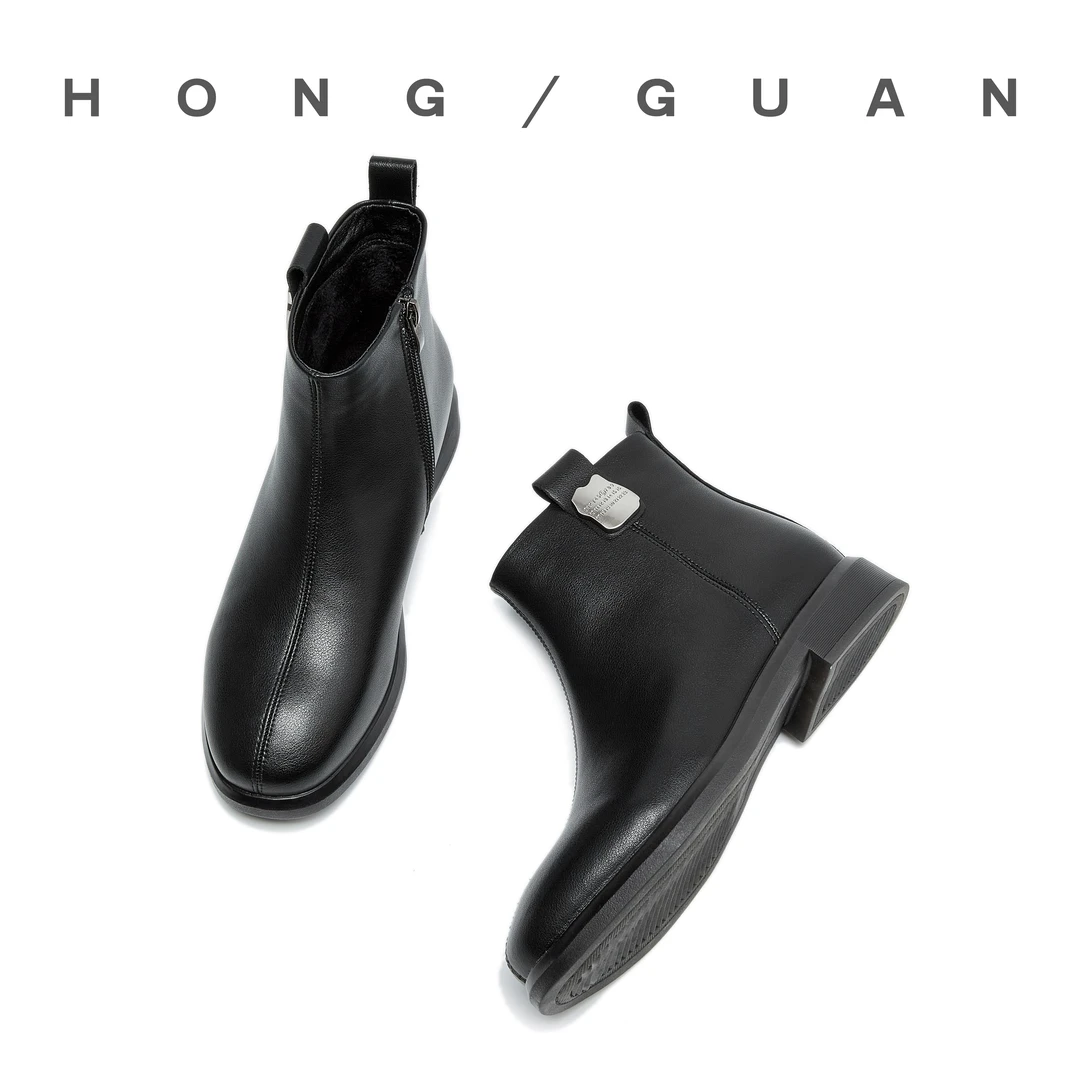 断码秒 | 红冠新款平底皮靴加绒靴子黑色低跟短靴女切尔西靴6852