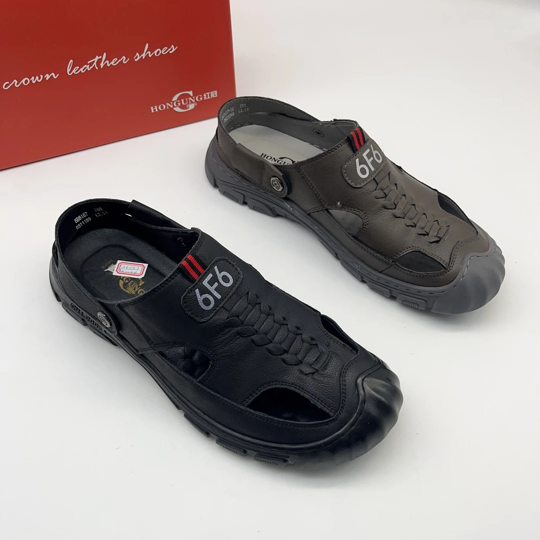 红冠皮鞋软底防滑镂空休闲软皮凉鞋男款户外588107-10