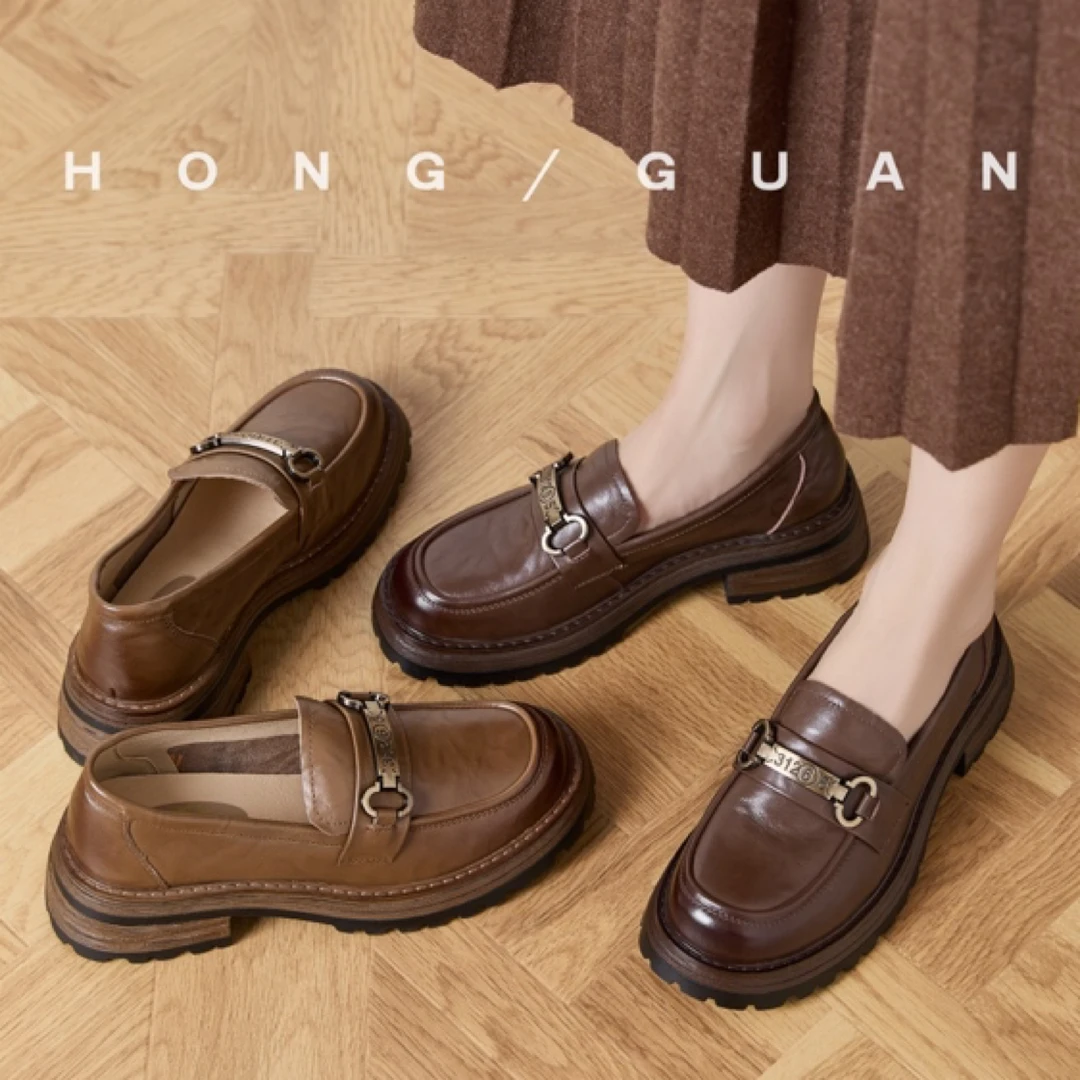 断码捡漏 | 红冠新款真皮休闲厚底复古不累脚乐福鞋8-8117