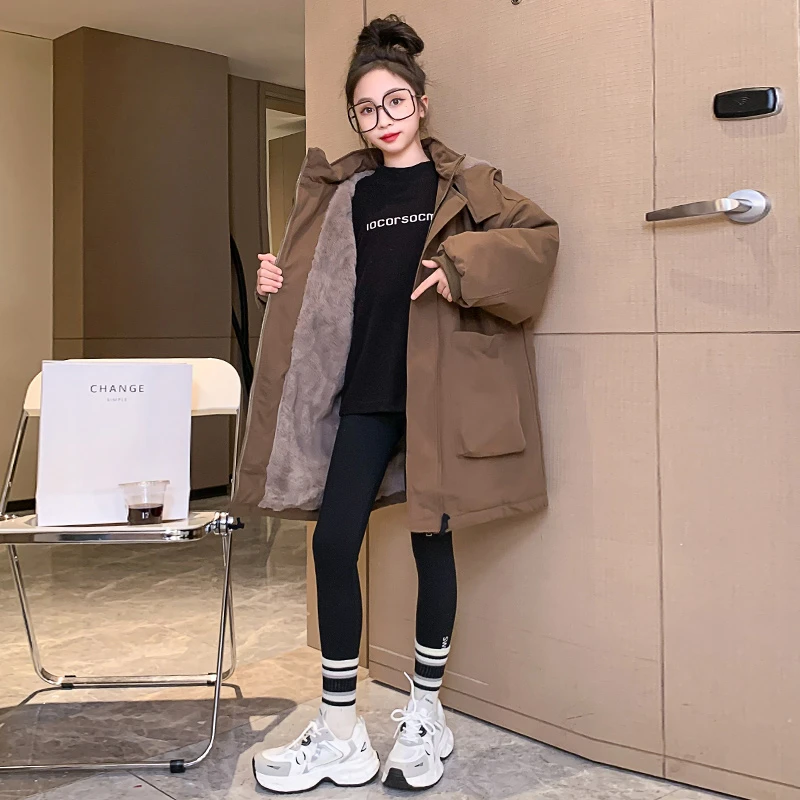 女孩棉衣2023年新款6-12岁15岁时尚连帽中长款加厚加绒爆款棉袄潮