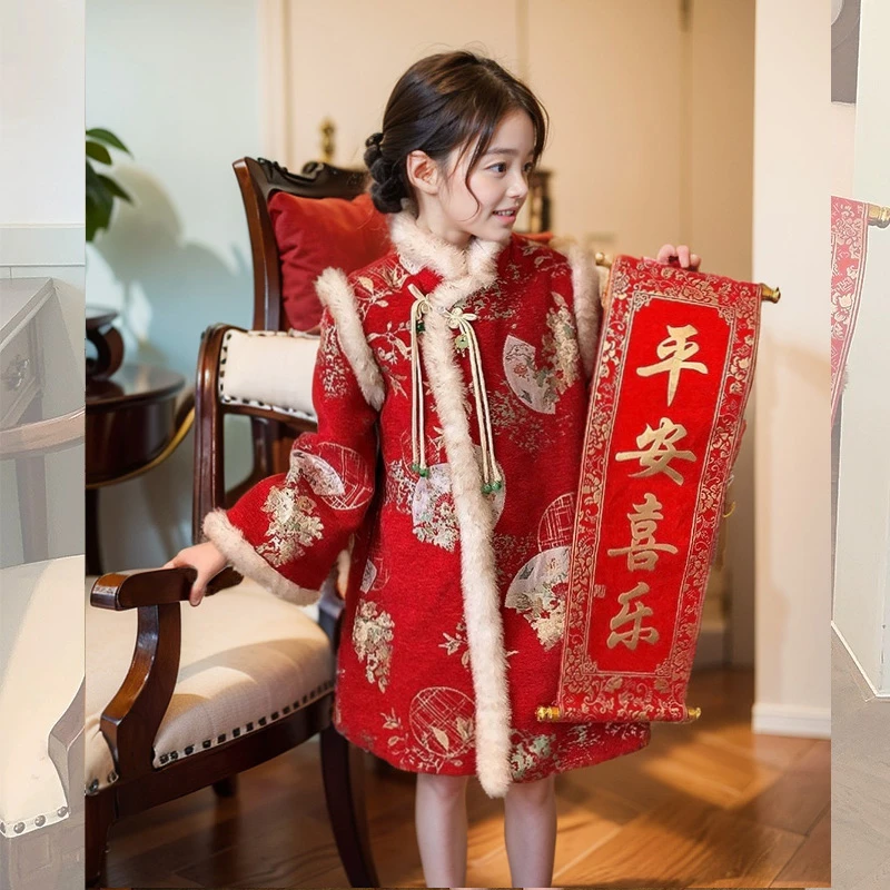 女童旗袍连衣裙2023新款6-12岁15岁冬季洋气女孩加绒国风拜年服潮