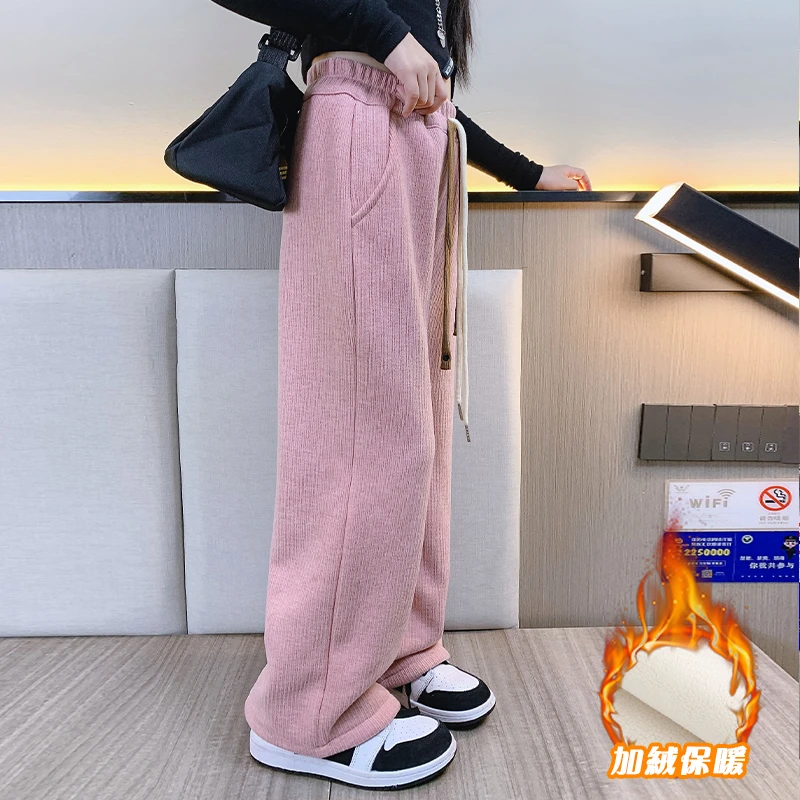 女童裤子秋冬装2023新款儿童加绒加厚雪尼尔阔腿裤中大童洋气长裤