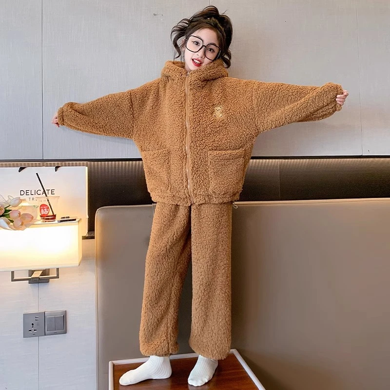 女童套装秋冬6-15岁中大童衣服带连帽加绒加厚保暖羊羔绒潮两件套