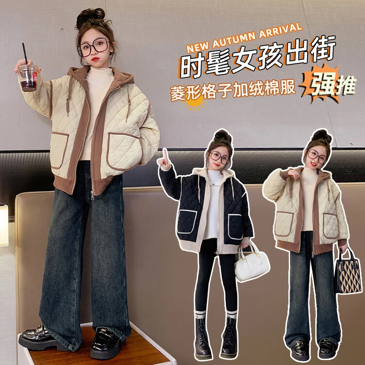 女童拼接铺棉外套2023秋冬款大童时髦洋派连帽加厚棒球服深秋棉服