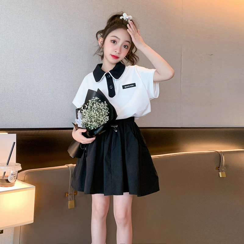 女童夏装短袖套装2024新款洋气儿童装女孩夏季学院风两件套裙子潮