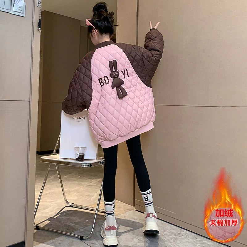 女童铺棉外套秋冬装2023新款大童秋装加厚派克服儿童冬季棉服大衣